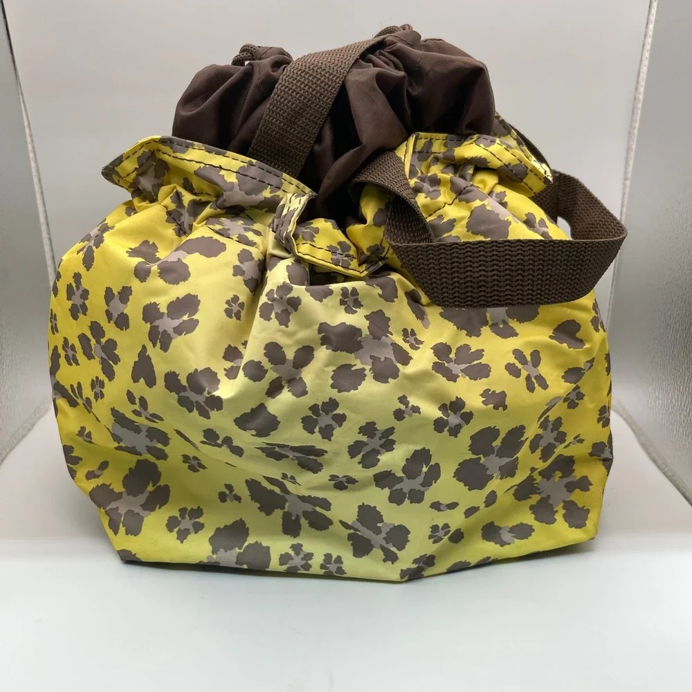 Thirty-One Thermal Drawstring Lunch Bag‎ Yellow Brown Floral Leopard Print Tote